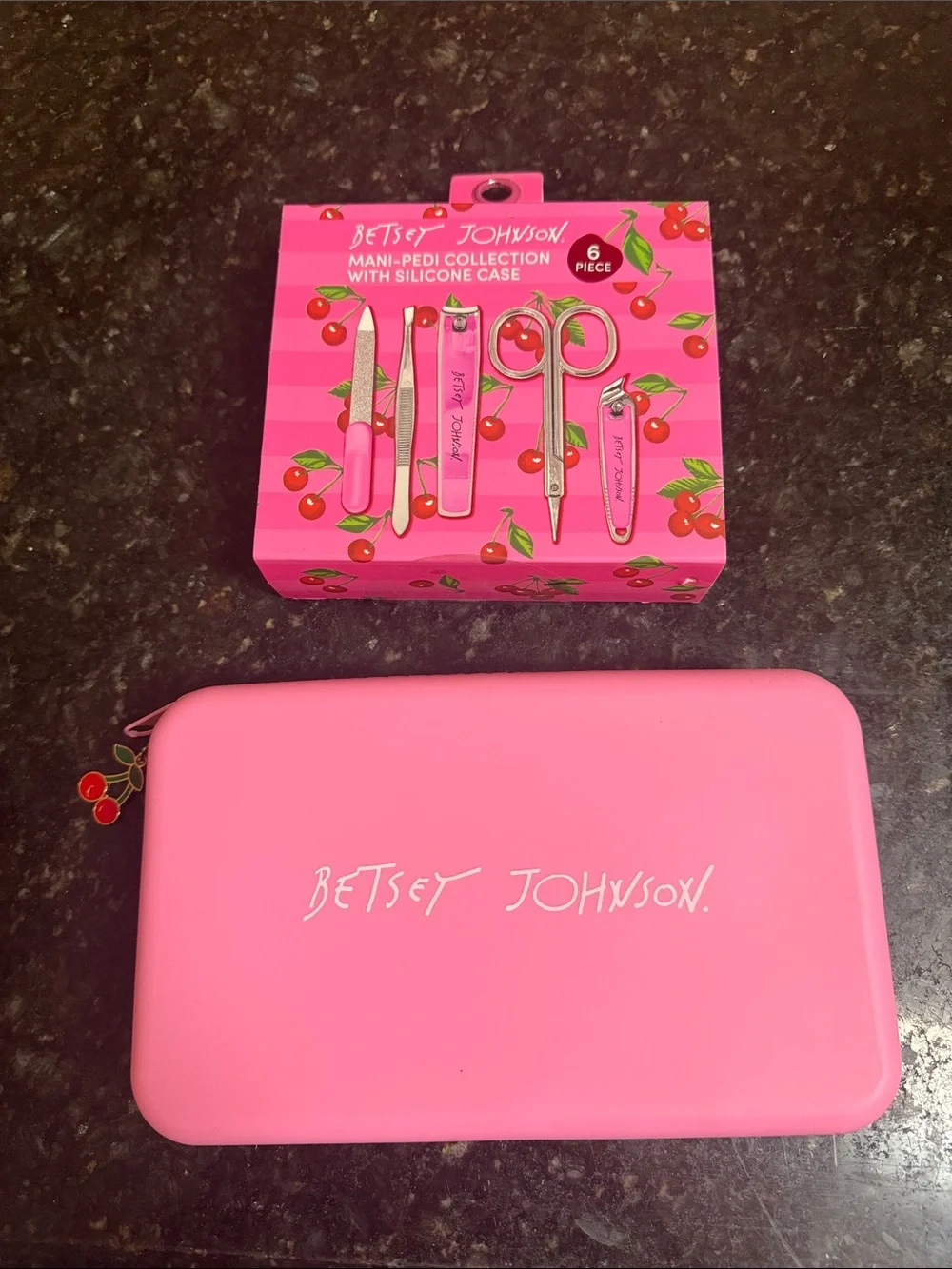 Betsey Johnson Pink Cherry Mani-Pedi Set in Pink Silicone Case